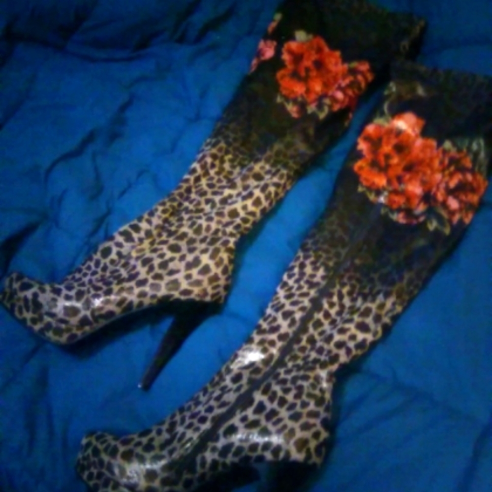 Cheetah rose print over the knee boots